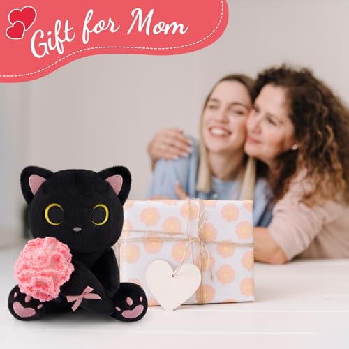 Image of Black Cat Plush Holding Crochet Flower - 8 inch Kawaii Stuffed Cat with Handmade Pink Carnation, Soft Cute Plush Stuffed Animals for Girls Kids, Birthday Gift