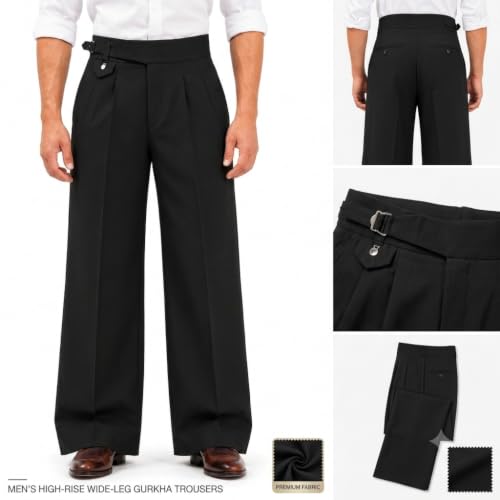 Generic Men's Gurkha Pants Wide Leg Trousers High Waist Pleated Black - Image 6