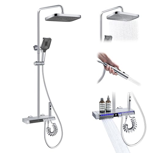 Lefton Shower System with Temperature Display in Fahrenheit and Dual Shower Head, Waterfall Shower Faucet Set with Spray Gun, 5-in-1 Control System, SST2206 (Chrome)