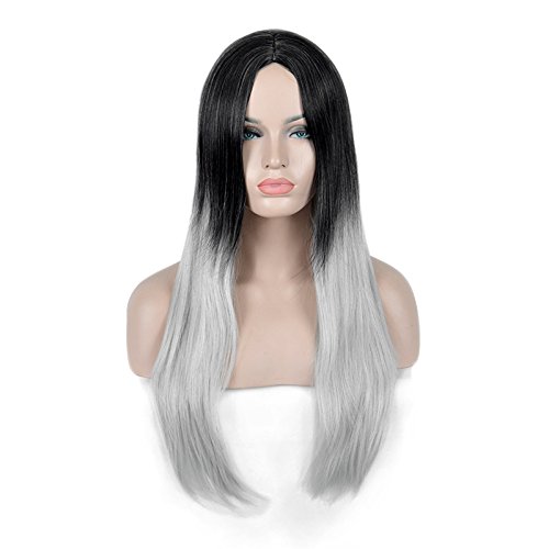 SiYi Long Ombre Grey Black Wig 2 Tone Cosplay Halloween Wig for Women
