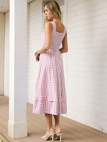 Caracilia Womens Summer Casual Gingham Plaid Midi Dress Sleeveless Square Neck Flowy Beach Vacation Sundress with Pockets Pink White Plaid XX-Large — view 5