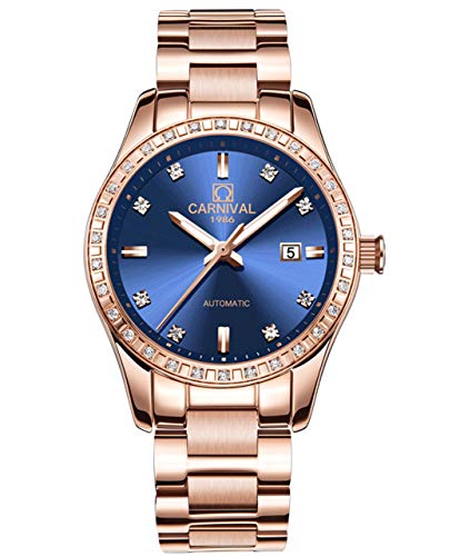 Carnival Women's Diamond Automatic Mechanical Sapphire Glass Rose Gold Stainless Steel Waterproof Lady's Elegant Blue Watch (Full Rose Gold with Blue dial)