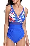 VILOREE Sexy Damen Mesh Badeanzug Einteiler Bademode V Ausschnitt Monokini One Piece Bauchkontrolle Blumen-4 2XL