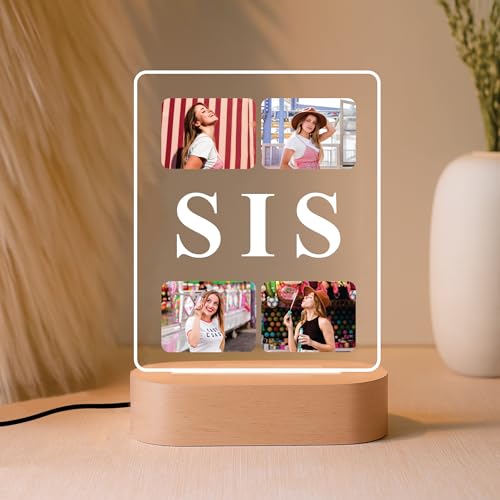 Image of Giftplease Personalised Sister Photo Frame - Custom Acrylic Picture Collage with Wooden LED Base, Unique Raksha Bandhan Gift for Sister, Personalized Keepsake for Rakhi, Best Sibling Desk Decor