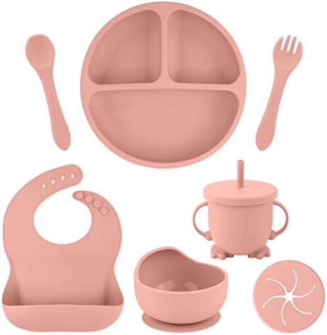 Silicone Baby Feeding Set, Baby Led Weaning Supplies Set Silicone Suction Bowls Suction Plates Silicone Baby Bib for Toddlers Spoon and Fork Cup with Straw and Lids (Lotus Root Pink, 8 Packs)