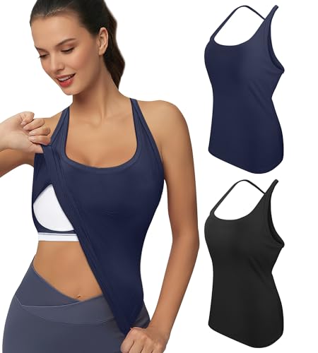 ZYQEXA 2 Pieces Workout Tank Tops for Women with Built in Bra, Loose Sleeveless Gym Tops Seamless Racerback Athletic Yoga Shirts, Black+Navy Blue,M
