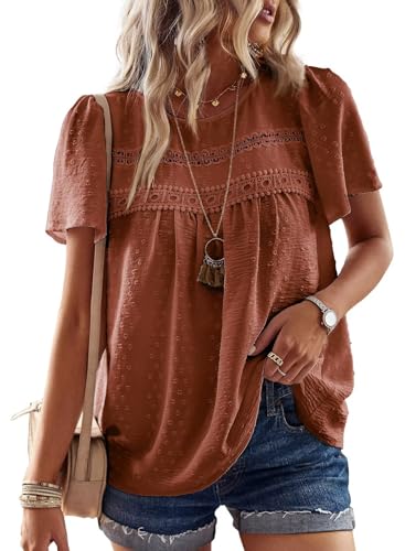 TUUHAW Camiseta Mujer con Cuello Redondo Talla Grande Camisa Suelto Basic Casual Elegante Túnica Encaje Manga Corta Tops Color Sólido Naranja XL