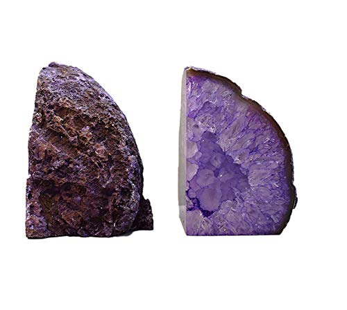 JIC Gem Book Ends for Shelves Dyed Purple Agate Bookends Natural Geode Brazilian Rock Stone Book Ends Decorative with Rubber Bumpers Small Size(1 Pair, 2-3 LBS)