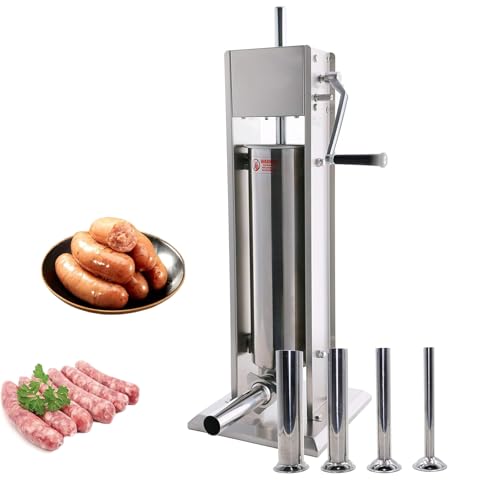 GTHTUHFD Embutidora De Salchichas Comercial De Acero Inoxidable, Embutidora Vertical De 3 L De Doble Velocidad con 4 Tubos De Relleno De Acero Inoxidable, Dos Velocidades Aju