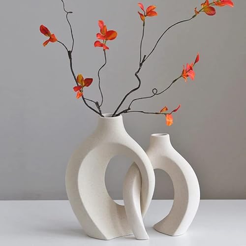 Ceramic Vase Set - 2 Flower Vases For Modern Home Décor, Creative White Vases Minimalism Style Decor Vase For Living Room Cream Decor Entryway Bookshelf Mantel Centerpieces Shelf #TOP2
