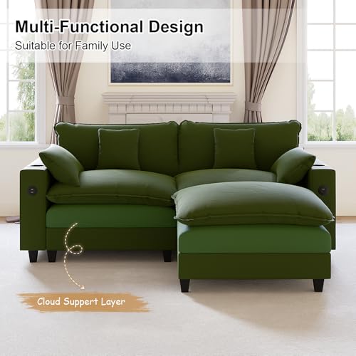 Image of KCGKCG 80.7 inch Modular Sectional Sofa, L Shaped Cloud Couch with Movable Ottoman, Chenille Deep Seat Cloud Sofa with Charging Station, Cup Holder, Side Pocket, Sectional Couches for Living Room, Green