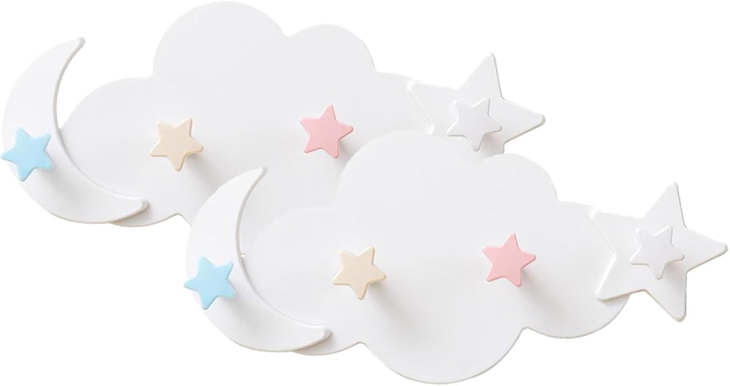 BESTOYARD 2pcs Cartoon Wall Hooks for Boys and Girls Room Decoration White Moon and Star Design No-Trace Adhesive Wall Hangers Creative Storage Hooks for Bedroom and Kitchen
