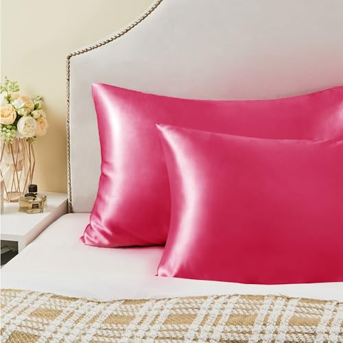 BEDELITE Satin Pillowcase with Zipper 2 Pack, Hot Pink Pillow Cases Standard Size, Super Soft and Cooling Similar to Silk Pillow Cases, Gift for Women Men(20x26 Inches)