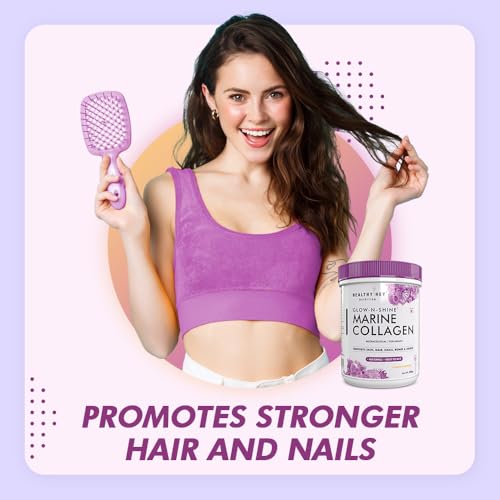 Image of HealthyHey Glow-n-Shine Marine Collagen Powder - Hydrolyzed | Type 1 Collagen Protein Supplement with Hyaluronic Acid | Amino Acids for Skin, Hair, Nails (Lemon,200g)