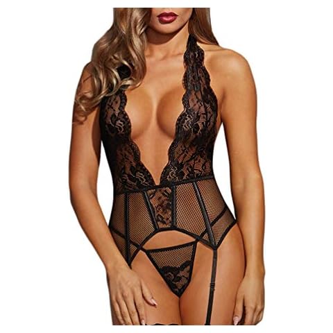 DEARAIMILI Women Lingerie Lace Openwork V Neck Hanging Backless Garters Babydoll Black(Size: M=(12-16)) Cover