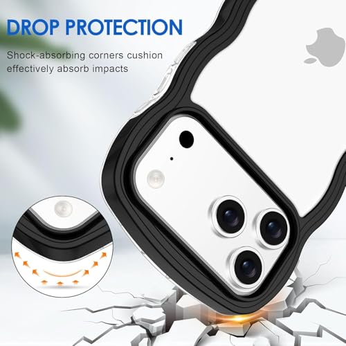 Image of GoldKart iPhone 17 Pro Max Case Wavy Edge Clear Back Design, Anti-Slip Grip Cute Wave Curly Frame Shape Shockproof Soft TPU & Hard PC Bumper Protective Phone Case Cover for Women Girls - Black
