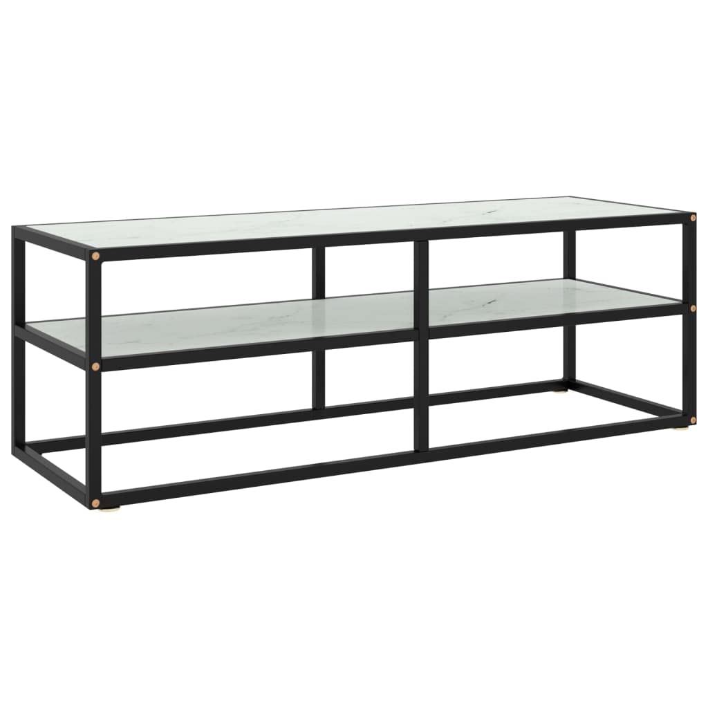Szafka pod telewizor czarna, szkło hartowane o wyglądzie marmuru, 120 x 40 x 40 cm, nowoczesny stolik pod telewizor do salonu, wytrzymała konsola TV z półką, centrum rozrywki