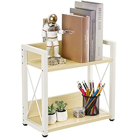 Vintage Desktop Storage Organizer Shelves Bookshelf, Wood Desk Organizer Stand Countertop Bookcase for Office Supplies , Freestanding Display Rack for Desktop, Tabletop or Counter (Wood Grain) Cover