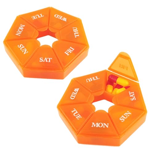 Deke Home - Small Weekly Pill Organizer (2 Pack), Round Pill Dispenser for Travel, Mini Pill Organizer, Compact Medicine Holder, Pill Sorters 7 Days, Portable Vitamin Container, BPA Free (Food Grade)