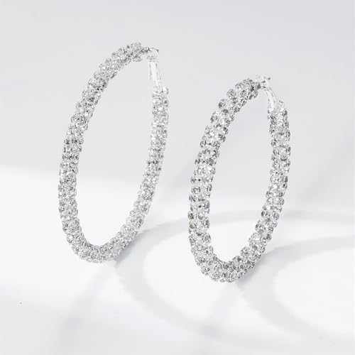 Big Cubic Zirconia Earrings Thick Rhinestones Round Shape Hoop Earrings for Women 925 Sterling Silver Earrings Large Rhinestone Hoop Earrings 60mm Sparkly Hoops With Full Paved Crystals for Women(DTE-GG60S)4