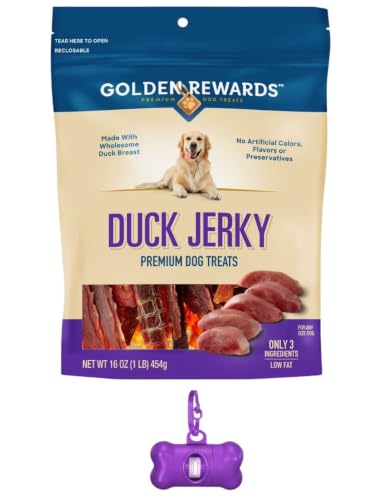 Golden Rewards Duck Jerky Dog Treats Natural High Protein Real Duck Breast Low Fat Grain-Free No by-Products No Corn Wheat or Soy 16 oz Bag with Bone Waste Bag Dispenser and Roll