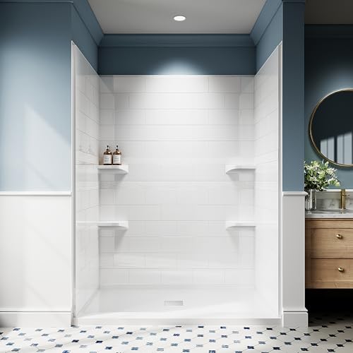 AquivaCoast Shower Wall Panels, 32D x 60W x 78H, Solid Surface 4-Panel Shower Surround Kit, Waterproof, Glossy White Subway Tile Design, with Built-in Shelf