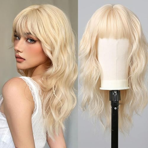 Blonde Real Hair Wigs for Women with Bangs Wigs Human Hair Realistic Looking Curly Lightweight Tangle Free for Daily Party Use (Blonde,22inch)