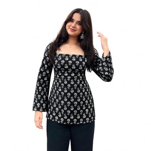 Image of Women's Rayon Printed Short Kurti | Straight Fit Casual Ethnic Top | Square Neck Full Sleeve Ladies Kurti Office College