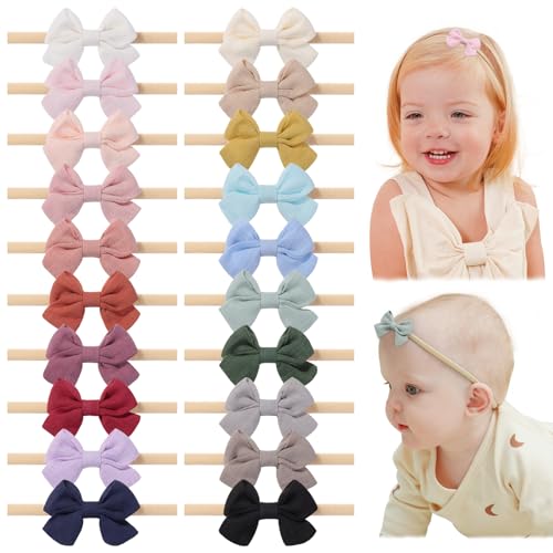 Image of jollybows 20pcs Baby Girl Bow Headbands Newborn Nylon Hairband 2" Neutral Linen Infant Hair Bows