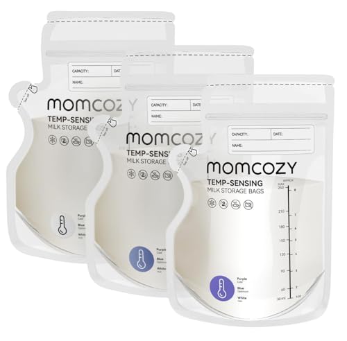 Momcozy Bolsas Leche Materna Con Pico Vertedor, 250 ml, Termosensibles (Cambio De Color), 120 Unidades, Base Autoestable, Preesterilizadas, Antifugas, Aptas Para Congelador, Reciclables Y Sin BPA