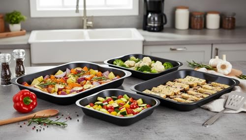 4-Pack Black Roasting and Baking Tray Set - Large Roaster (38cm), Medium Roaster (33cm), Small Roaster (28cm) & Small Tray (32cm) - Baking Tray Set Tray/Pan, Non-Stick, Multi-Pack - Dishwasher Safe - Image 5