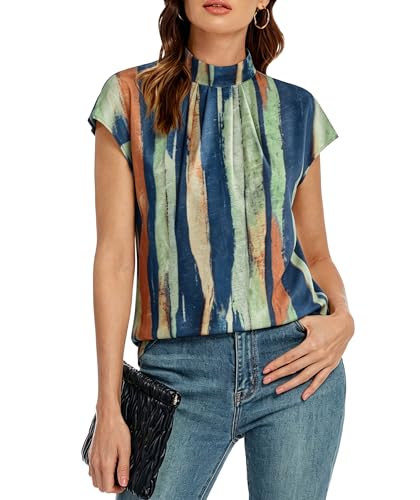 Image of Funlingo Womens Summer Tops Mock Neck Short Cap Sleeve Blouses Business Casual Work Chiffon Shirts Front Pleated Tunic Top