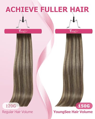 Image of YoungSee Clip in Human Hair Extensions Brown Balayage Clip in Extensions Real Human Hair Chocolate Brown with Ash Blonde Clip on Human Hair Extension for Short Straight Hair 12Inch 85G 7Pcs