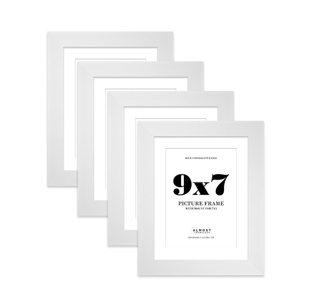 9x7" White Frame With Mount for 7x5" Pictures 28mm Edge Portrait and Landscape Display with Wall Hooks and Kickstand, 4 Pack