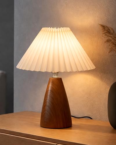 Image of Homesake Wood Grain Pattern Small Table Lamp, Desk Light, Wooden Bedroom Lamps for Nightstand, Scalloped Lamp Shade Table Lamps Small Spaces, Bedroom, Living Room, Taper Cone, (Pleated Off-White)