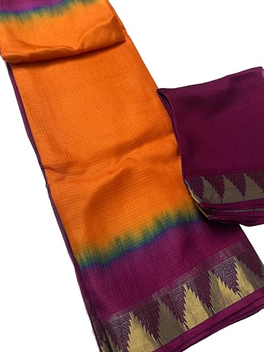 Image of Women's Bhagalpuri Pure Kota Doria Silk Net Saree With Temple Zari Border and Running Blouse Piece