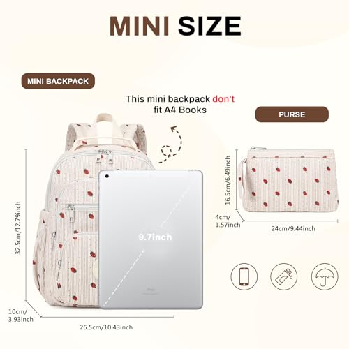 Image of Sisipoet Mini Backpack for Women, Corduroy Small Backpack for Ladies Bookbag Purse for Women with Handy Wallet and Luggage Strap,Beige Strawberry
