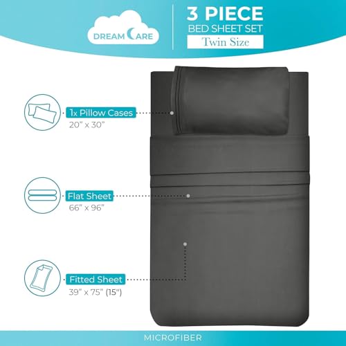 Image of DREAMCARE Twin XL Sheet Sets - 3 pcs Breathable Cooling Sheets - up to 15 inch Deep Pocket Twin XL Sheets Set with Side Pockets - Extra Soft 100% Brushed Hypoallergenic Hotel Luxury Bedding - Dark Gray