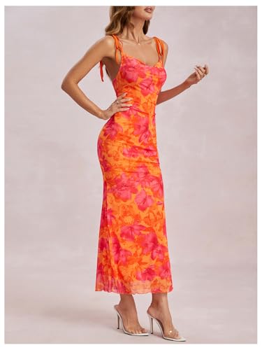 Image of GORGLITTER Women's Floral Birthday Wedding Guest Dress Mesh Ruched Derby Party Bridal Shower Summer Beach Sun Dresses Orange Small