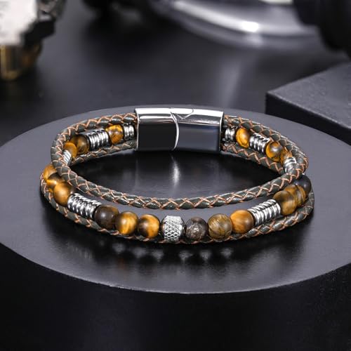 Pulsera trenzada marrón de cuero con ojo de tigre para hombre y mujer miniatura 4