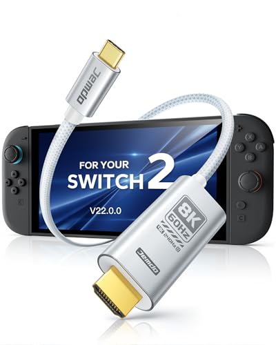 JEMDO Switch 2 (22.2.0+) Dock HDMI Cable 8K@60Hz HDR/ 4K@240Hz 6.6ft USB-C to HDMI 2.1 48Gbps TV Dock 100W PD Play While Charging White Braided Portable Travel Adapter Work with Switch 2/2017/OLED