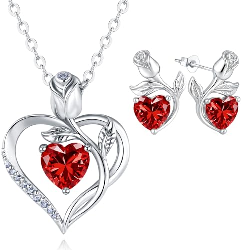 Rose Heart Necklace Earrings Bracelet Set Moissanite/Lab-Grown Sapphire/Ruby Options S925 Silver Plated 18K White Gold Engraved I LOVE YOU Ideal for Mother's Day Proposal Gift for Girlfriend Wife (Necklace 1.2CT / Earrings 0.8CT)