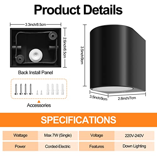 FUDESY 2-Pack Outdoor Down Wall Lights Main Powered, Outside Lights IP44 Waterproof Max 7W GU10 Exterior Wall Sconce - Image 2