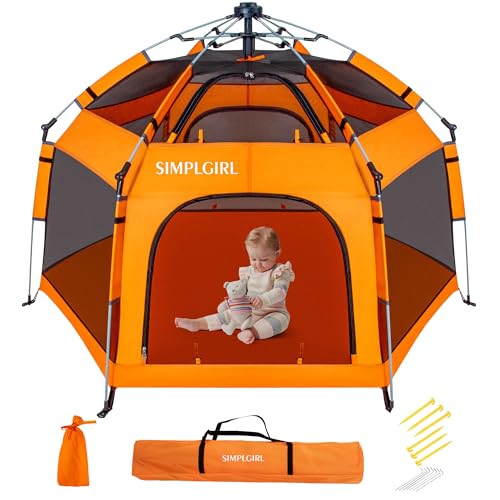 Image of Premium Pop Up Baby Playpen - Portable, Lightweight, Pop Up Pack and P Lay Toddler P Lay Yard w /Canopy and Travel Bag - Orange