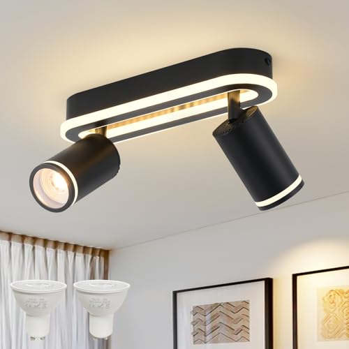 Spot de Plafond à LED 2 Flammes Orientable 350°, Plafonnier avec Incandescence Inférieure 15W+2x5W GU10 spots,3000K Blanc Chaud Applique Plafond,Lampe de...