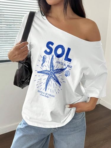 Image of SXV STYLE SOL Women Summer Loose Asymmetrical Neck Cocktail Fruit Orange Y2K Graphic Oversized T-Shirt