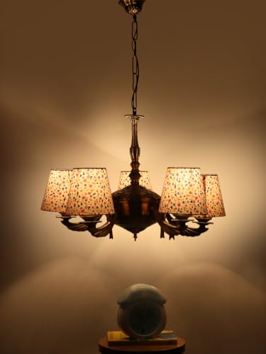 Image of Devansh 05-Light Printed Conical Multicolor Cotton Shade Chandelier - Antique Golden Finish | Adjustable Cord | Warm Glow Lamp - Ceiling Light for Living Room, Dining Area, BedroomDecor - D9