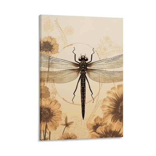 Toile murale libellule et tournesol avec cadre en bois pour salon et chambre 50 x 75 cm