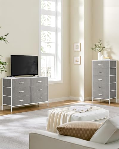SONGMICS Kommode mit 5 Schubladen, Aufbewahrungsschrank mit 6 Stoff-Schubladen, 40 x 117 x 77,5 cm, modern, weiß-hellgrau LTS833W01
