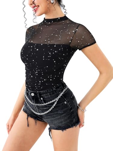 Image of REORIA Women's Sexy Mock Turtle Neck Short Sleeve Shirts Sheer Mesh Ruched Trendy Going Out Bodysuits Tops